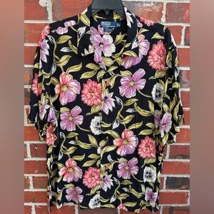 Vntg Polo Ralph Lauren Black Floral Printed Rayon Short Sleeve Hawaiian XL Shirt